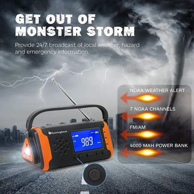 Alt view image 2 of 7 - Solar Emergency NOAA Weather Crank Solar Powered Portable Radio with 4000mAh Smart Phone Charger Power Bank, Bright Flashlight for Household Emergency and Outdoor Survival (Orange)