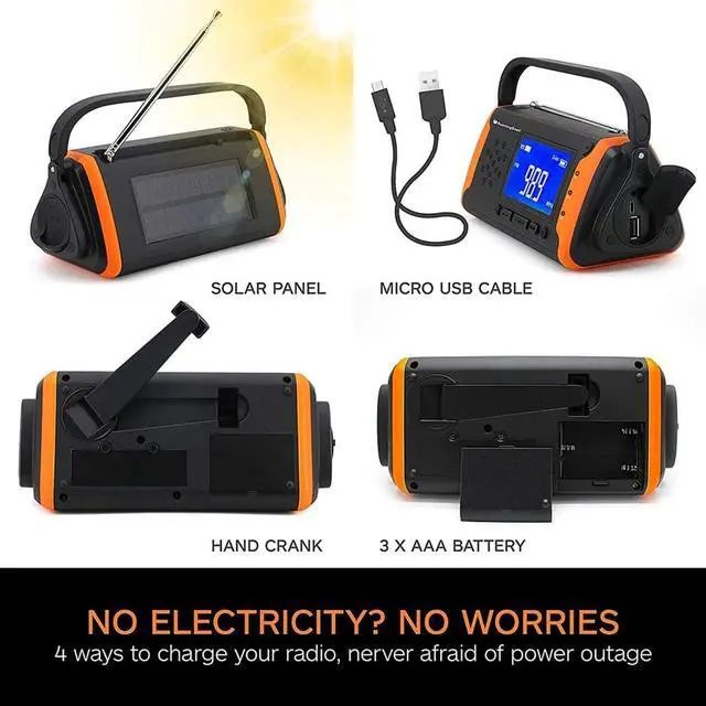 Alt view image 3 of 7 - Solar Emergency NOAA Weather Crank Solar Powered Portable Radio with 4000mAh Smart Phone Charger Power Bank, Bright Flashlight for Household Emergency and Outdoor Survival (Orange)