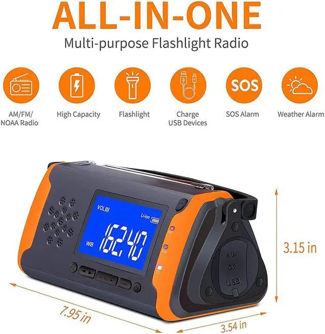 Alt view image 4 of 7 - Solar Emergency NOAA Weather Crank Solar Powered Portable Radio with 4000mAh Smart Phone Charger Power Bank, Bright Flashlight for Household Emergency and Outdoor Survival (Orange)