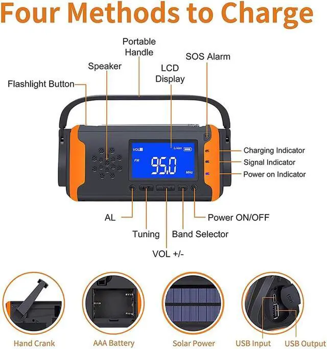 Alt view image 5 of 7 - Solar Emergency NOAA Weather Crank Solar Powered Portable Radio with 4000mAh Smart Phone Charger Power Bank, Bright Flashlight for Household Emergency and Outdoor Survival (Orange)