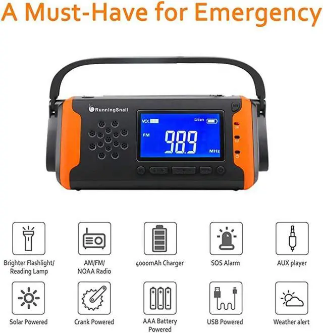 Alt view image 7 of 7 - Solar Emergency NOAA Weather Crank Solar Powered Portable Radio with 4000mAh Smart Phone Charger Power Bank, Bright Flashlight for Household Emergency and Outdoor Survival (Orange)