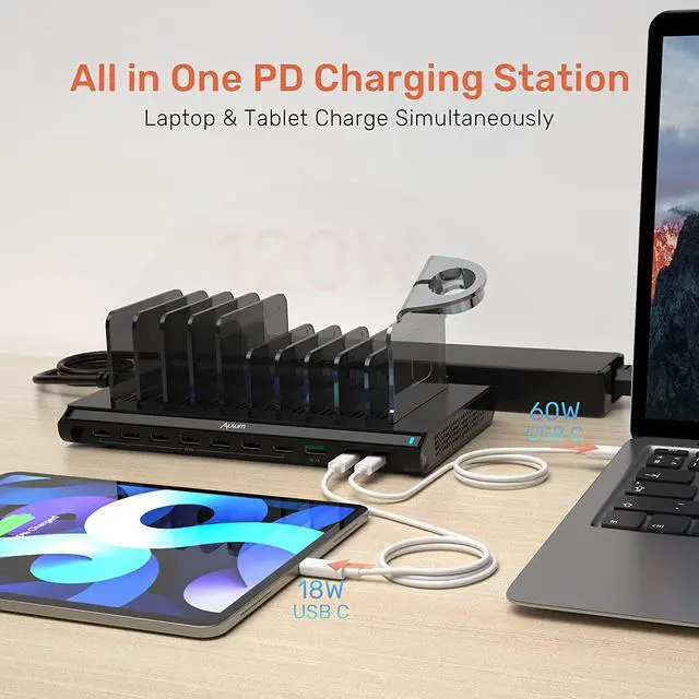 Alt view image 2 of 7 - Alxum 120w 10 Port Charging Cradle with 6 USB-A Chargers 2 Qc3.0 2 PD 18W Fast Charging with Watch Stand Suitable for A Wide Range of Devices with Overvoltage, Overcurrent, and Overcharge Protection