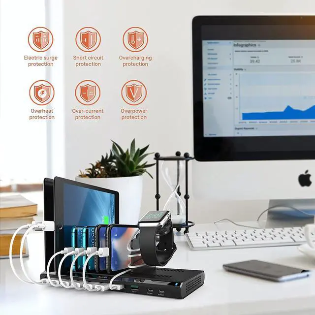 Alt view image 5 of 7 - Alxum 120w 10 Port Charging Cradle with 6 USB-A Chargers 2 Qc3.0 2 PD 18W Fast Charging with Watch Stand Suitable for A Wide Range of Devices with Overvoltage, Overcurrent, and Overcharge Protection