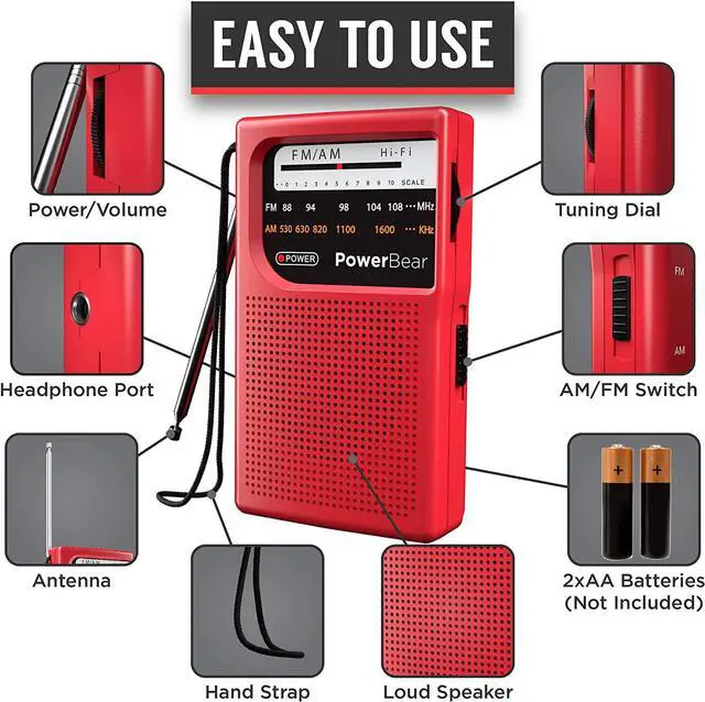 Alt view image 3 of 6 - PowerBear Portable Radio | AM/FM, 2AA Battery Operated with Long Range Reception for Indoor, Outdoor & Emergency Use | Radio with Speaker & Headphone Jack (Red)