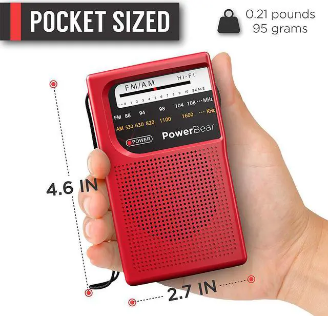 Alt view image 5 of 6 - PowerBear Portable Radio | AM/FM, 2AA Battery Operated with Long Range Reception for Indoor, Outdoor & Emergency Use | Radio with Speaker & Headphone Jack (Red)