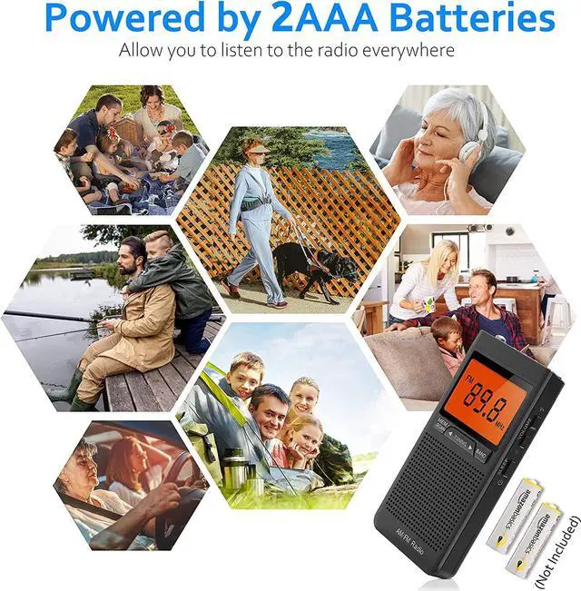 Alt view image 5 of 5 - AM FM Portable Radio Battery Operated by 2 AAA Batteries | Personal Radio with Excellent Reception with Stero Earphone, Large LCD Screen, Digtail Alarm Clock