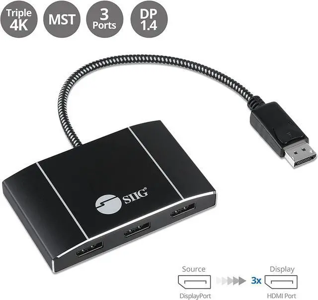 Alt view image 2 of 7 - SIIG 3-Port Multi Display Adapter, DisplayPort 1.4 to 3X DisplayPort MST Hub Video Splitter, Dual 4K60Hz or Triple 4K, Windows Only (CE-DP0P11-S1)