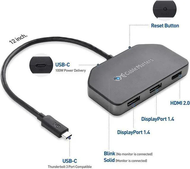 Alt view image 2 of 7 - Cable Matters 4K Triple Display USB C Hub with 2X DisplayPort, 1x HDMI, and 100W Charging for Windows - DisplayPort 1.4 and DSC 1.2 Enabled for Triple 4K 60Hz Display - Not Compatible with Mac