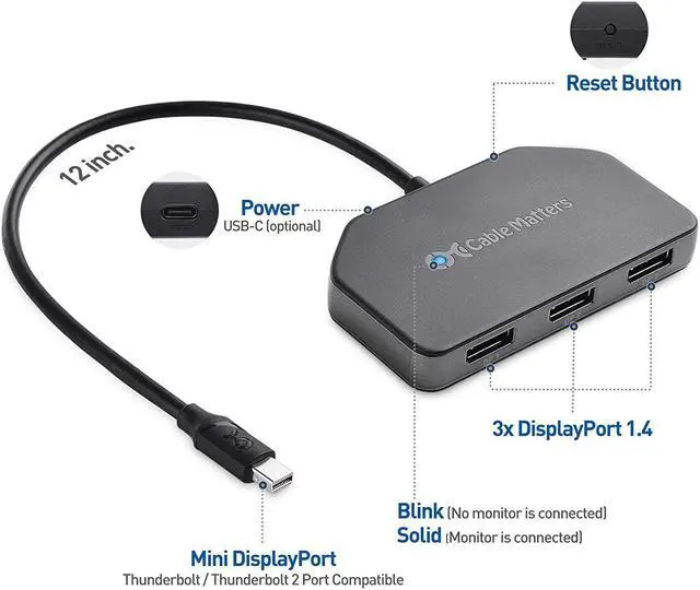 Alt view image 2 of 7 - Triple 4K DisplayPort Splitter (Triple Monitor Mini DisplayPort Hub) to 3-Port DisplayPort 1.4 Enabled for 8K and 4K 120Hz HDR for Windows Only NOT Compatible with macOS