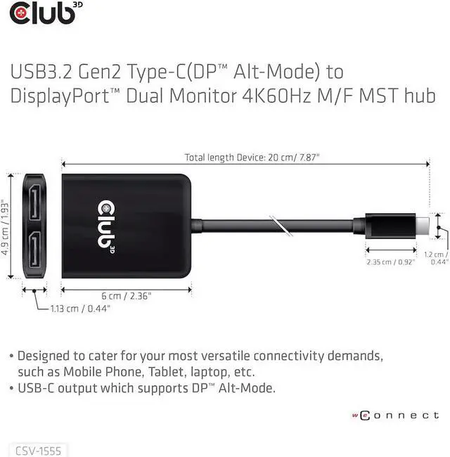 Alt view image 2 of 7 - Club 3D 2 Port Multi Monitor Adapter USB Type C to Dual Displayport 4K 60Hz Splitter- USB Type C to Displayport MST hub Dual 4K 60Hz-CSV-1555