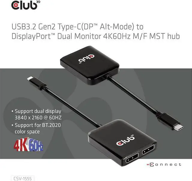 Alt view image 6 of 7 - Club 3D 2 Port Multi Monitor Adapter USB Type C to Dual Displayport 4K 60Hz Splitter- USB Type C to Displayport MST hub Dual 4K 60Hz-CSV-1555