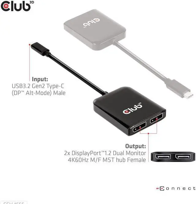 Alt view image 7 of 7 - Club 3D 2 Port Multi Monitor Adapter USB Type C to Dual Displayport 4K 60Hz Splitter- USB Type C to Displayport MST hub Dual 4K 60Hz-CSV-1555