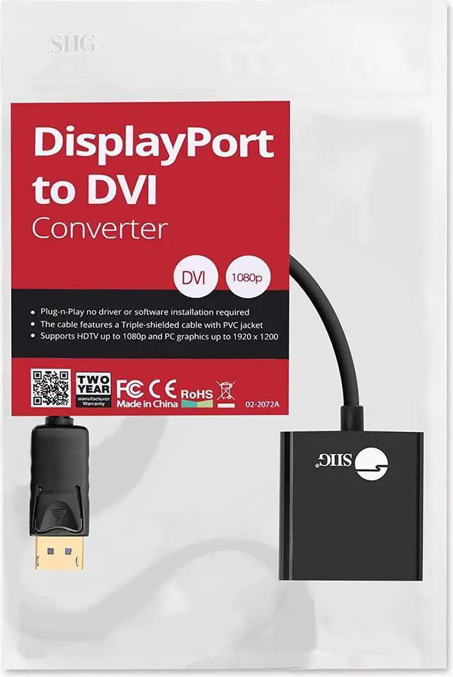 Alt view image 6 of 6 - SIIG DisplayPort to DVI Adapter - Male to Female DP to DVI Cable Converter for DisplayPort Enabled Computer Systems - 1080p @60Hz