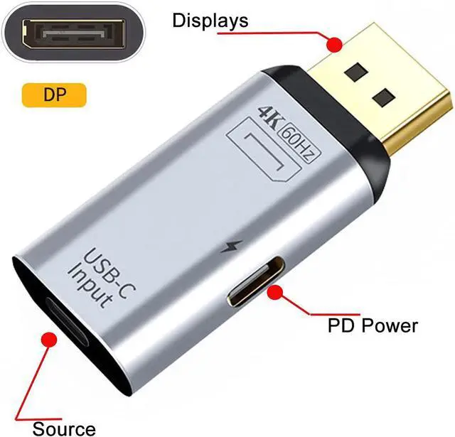 Alt view image 5 of 7 - USB-C Type-C Female Host to Displayport Male with PD Power Port Monitor DP Displays Adapter 4K 60hz for Laptop Phone