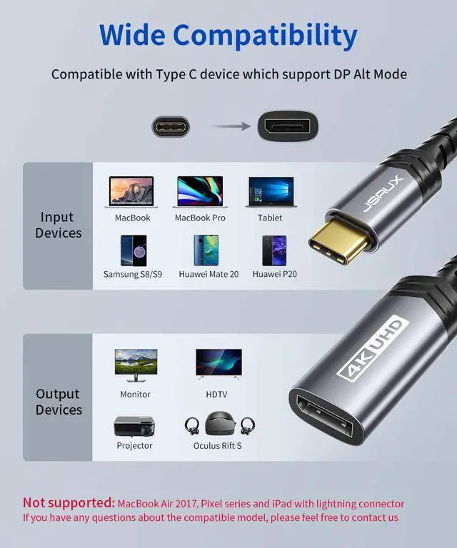Alt view image 7 of 7 - USB C to DisplayPort Adapter 4K@60Hz Type C to Display Port Cable Adapter Compatible with iPhone 15 Pro Max MacBook Pro 2019 2018 Surface Book  XPS  Galaxy S24 S23 Note 20-Grey