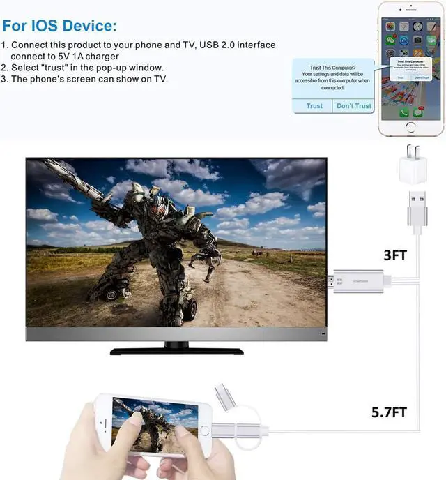 Alt view image 5 of 6 - 3 in 1 HDMI Cable Adapter, 1080P USB/Type-C to HDMI Adapter Mirror Mobile Phone Screen to TV/Projector/Monitor Compatible with Phone 13/12/11/S8/9/Note/8/9 and More (Silver)