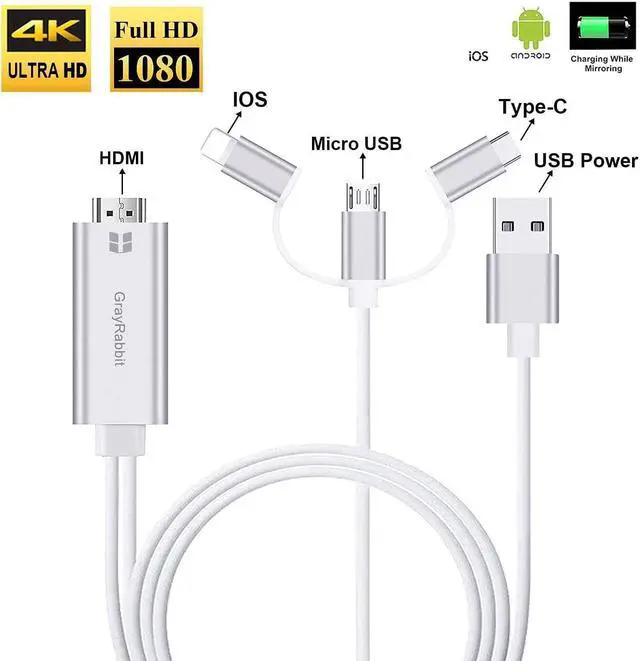 Alt view image 2 of 6 - 3 in 1 HDMI Cable Adapter, 1080P USB/Type-C to HDMI Adapter Mirror Mobile Phone Screen to TV/Projector/Monitor Compatible with Phone 13/12/11/S8/9/Note/8/9 and More (Silver)