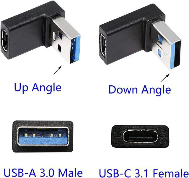 Alt view image 2 of 7 - Right Angle USB C to USB A Adapter Up Angle & Down Angle USB A 3.0 Male to USB Type C 3.1 Female Connector Adapter for Laptops Wall Chargers Power Banks(2-Pack)