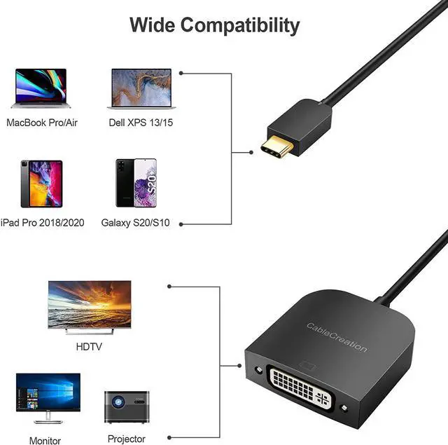 Alt view image 4 of 7 - USB C to DVI Adapter 1080P@60Hz, CableCreation USB-C to DVI-D Cable Adapter Compatible with MacBook Pro/Air 2020 2019, iPad Pro 2020/2018, Surface Book 2, XPS 15 13, Galaxy S20 S10