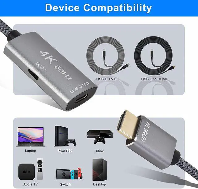Alt view image 6 of 7 - HDMI Male to USB-C Female Cable Adapter with Micro USB Power Cable HDMI Input to USB Type C 3.1 Output Converter 4K 60Hz Thunderbolt 3 Adapter for New MacBook Pro Mac Air Microsoft Surface and More