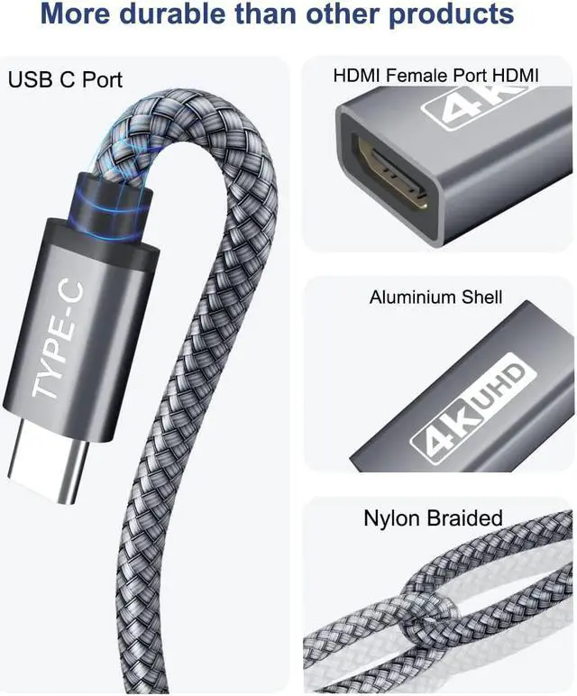 Alt view image 3 of 7 - 6.6FT USB C to HDMI Adapter 4K@60Hz USB Type-C to HDMI Female Adapter Thunderbolt 3 to HDMI Adapter HDMI to USB-C Adapter for MacBook Pro Air iPad Pro Samsung Galaxy S21 Ultra Note 20 10 9