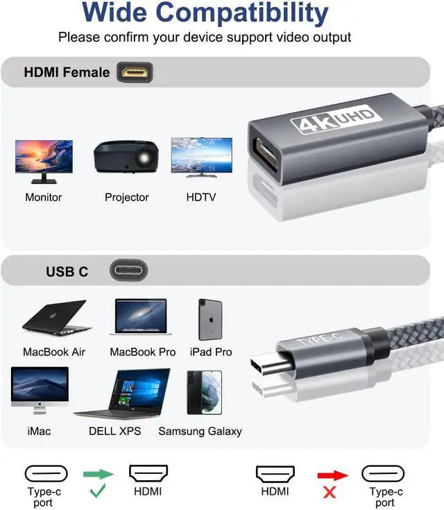 Alt view image 2 of 7 - 6.6FT USB C to HDMI Adapter 4K@60Hz USB Type-C to HDMI Female Adapter Thunderbolt 3 to HDMI Adapter HDMI to USB-C Adapter for MacBook Pro Air iPad Pro Samsung Galaxy S21 Ultra Note 20 10 9