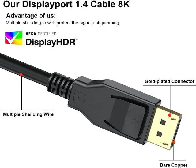 Alt view image 2 of 7 - 8K DisplayPort to DisplayPort 1.4 Cable, VESA Certified Display Port Cable 6ft 2-Pack, DP to DP Cable Cord with [1440P@144Hz, 1080P@240Hz, 4K@120Hz, 8K@60Hz] & HDR Support -Gold