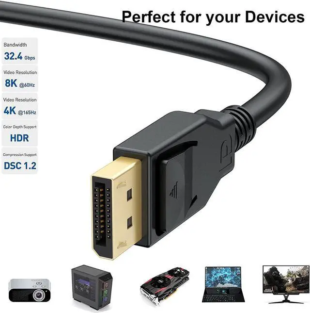 Alt view image 6 of 7 - 8K DisplayPort to DisplayPort 1.4 Cable, VESA Certified Display Port Cable 6ft 2-Pack, DP to DP Cable Cord with [1440P@144Hz, 1080P@240Hz, 4K@120Hz, 8K@60Hz] & HDR Support -Gold