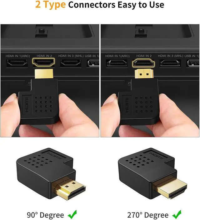 Alt view image 3 of 7 - HDMI Adapter Male to Female, CableCreation 2 Pack 90 and 270 Degree Right Angle Converter, HDMI L Shape Flat Extender for Wall TV, Roku, PS5, Fire Stick, Chromecast, Nintendo Switch, Laptop,Xbox, PC