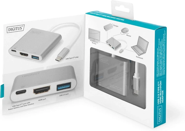 Alt view image 6 of 6 - DIGITUS USB Type-C Multiport Graphics Adapter, USB Type-C to HDMI + USB A 3.0 + USB C, Charging Function, 4K Ultra HD 30Hz, Aluminium, 51 x 58 x 11 mm