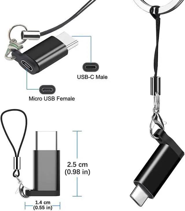 Alt view image 4 of 4 - Micro USB (Female) to USB C (Male) Adapter with Lanyard (4 Pack), Seminer Aluminum USB Type C Adapter Connector Compatible with Samsung Galaxy S8+, Plus Note 8+, LG, Moto and More, Black