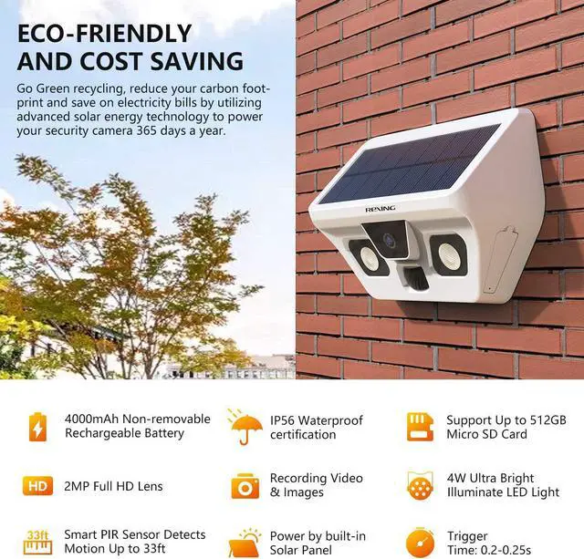 Alt view image 2 of 7 - REXING Wireless Solar Powered Outdoor Security Camera System, 130° Wide Angle,1920x1080p Full HD Video @30fps, Night Vision w/PIR Motion Sensor, MIC,Photo Burst,Waterproof,Support up to 512GB