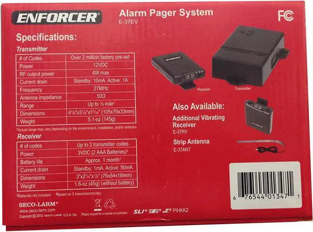 Alt view image 3 of 4 - Seco-Larm E-37EV Alarm Pager System, Monitors up to three zones per premises or vehicle, Manual Paging, 4W output, One Half Mile Range