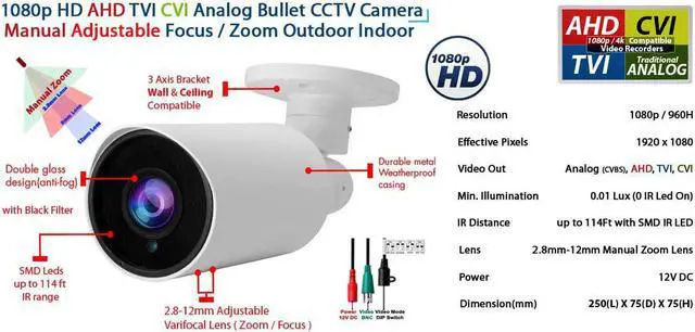 Alt view image 3 of 7 - Evertech 1080p Outdoor Night Vision CCTV Security Camera HD TVI CVI AHD Indoor Weatherproof 2.8-12mm Manual Zoom Bullet White for CCTV Security Surveillance Systems