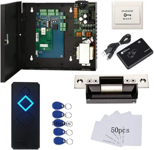 Main image of Electric Door Strike Lock Complete TCP/IP Network Single Door Access Control Board System Kits with 110V Metal Power Supply RFID Reader+Exit Button Phone APP remotely Open Door