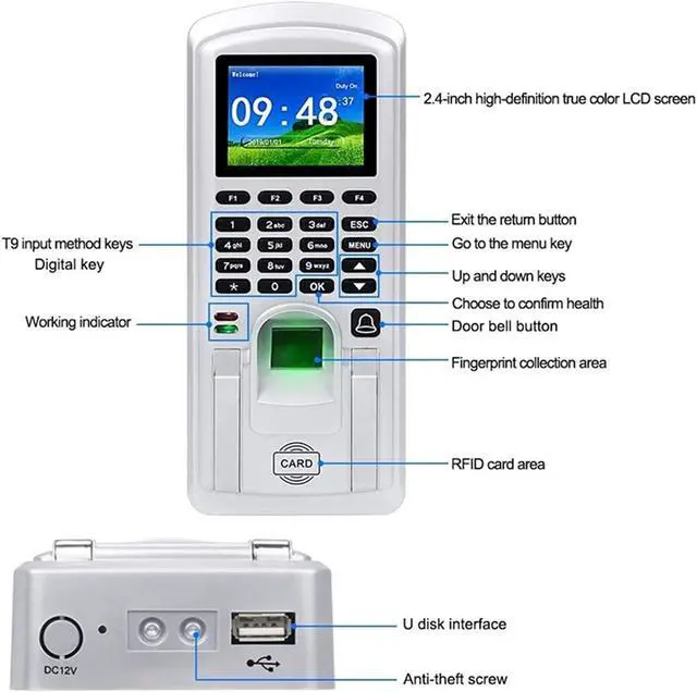 Alt view image 4 of 6 - Clocking in Machine, Fingerprint Access Control Biometric Time and Attendance Punch Clock for Employees,Nero,Nero
