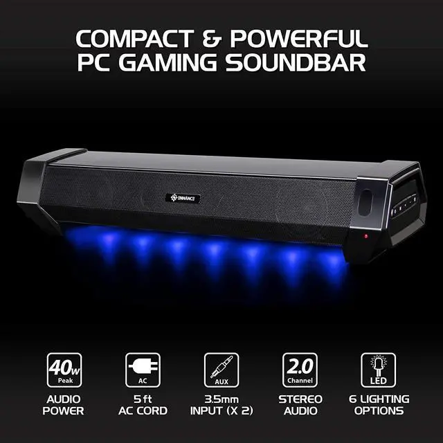 Alt view image 2 of 7 - Gaming Computer Speakers Sound Bar - Under Monitor Soundbar LED Speaker with 40W Peak Power, 3 Color Modes, Dual Inputs for PC, Laptop, Monitor, or Phone AUX PC Accessories by DT