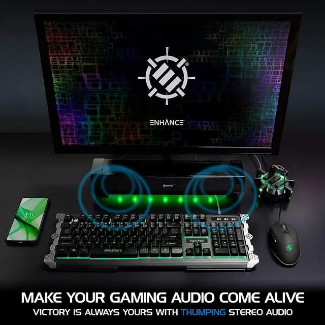 Alt view image 5 of 7 - Gaming Computer Speakers Sound Bar - Under Monitor Soundbar LED Speaker with 40W Peak Power, 3 Color Modes, Dual Inputs for PC, Laptop, Monitor, or Phone AUX PC Accessories by DT
