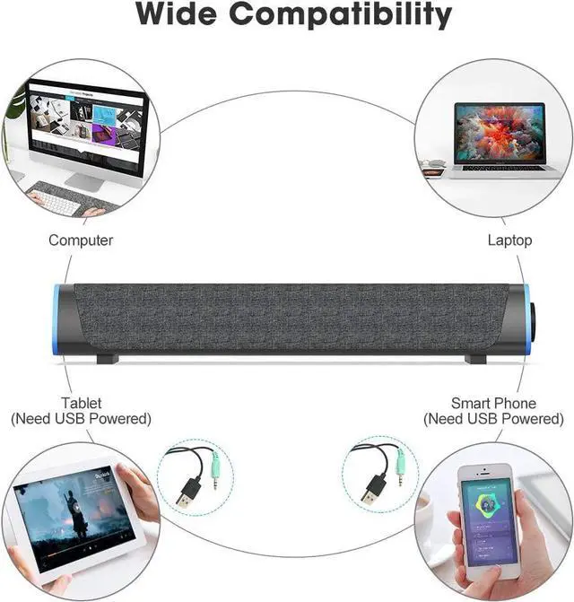 Alt view image 4 of 7 - SOULION R30 Computer Speakers, USB Powered 3.5mm AUX Small PC Speakers, Colorful LED Lights with Switch Button, Surround Sound Portable Computer Sound Bar Speaker for Desktop Laptop Gray