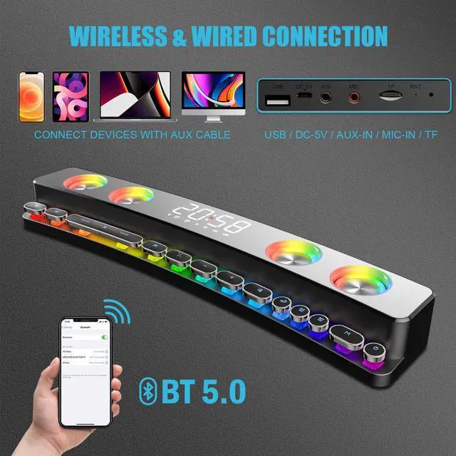 Alt view image 4 of 6 - Computer Speakers Desktop Dynamic RGB PC Gaming Speaker Soundbar with Wireless Bluetooth 5.0,Sound bar, 19-Inch Small Sound Bars for TV, USB Powered Battery Operated for PC Laptop Tablet, AUX-in