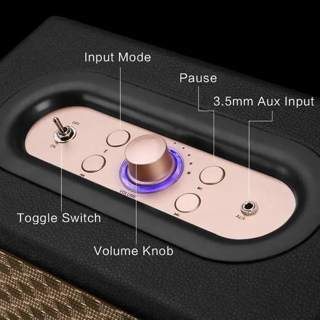Alt view image 5 of 7 - Upgraded, Home Speaker for Turntable and Cellphone, Vintage Speakers with Premium Audio, Extended Bass and Treble, Knob for Volume Control, Toggle Switch, Wireless and 3.5mm AUX Input, AC Powered