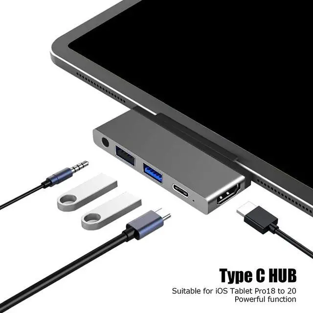 Alt view image 6 of 7 - 5 in 1 USB3.0 Hub Docking Station with Type C to for iOS Tablet Pro 18 20, Supports 4K 60Hz Display, 60W PD Charging, 3.5mm Audio