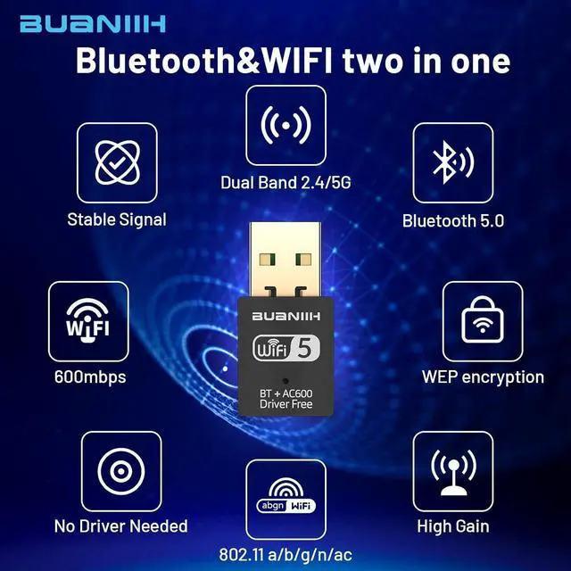 Alt view image 2 of 7 - WiFi Adapter for Desktop PC,USB WiFi Adapter,Bluetooth&WiFi 2-in-1,600Mbps 2.4/5.8Ghz Dual Band Wireless Network,Plug and Play, for PC/Laptop/Desktop,Support Win7/8/8.1/10/11