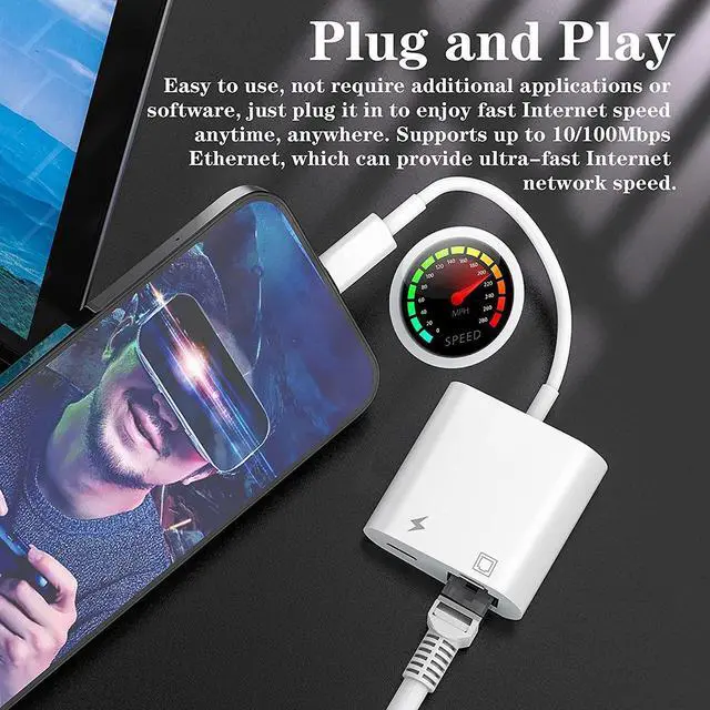 Alt view image 6 of 7 - Lightning to Ethernet Adapter, [Apple MFi Certified] 2 in 1RJ45 Ethernet LAN Network Adapter for iPhone/iPad/iPod, Supports 100Mbps Ethernet Network with Charge Port, Plug and Play, Support All iOS