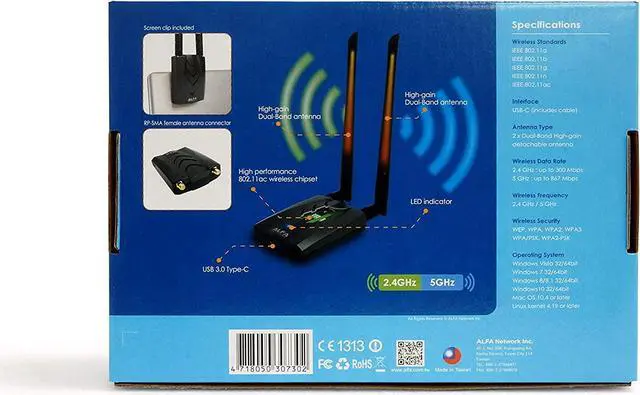 Alt view image 4 of 4 - New Version Type-C WiFi USB ALFA AWUS036ACH Type-C Long-Range Dual-Band AC1200 Wireless USB Wi-Fi Adapter w/2x 5dBi External Antennas  2.4GHz 300Mbps/5GHz 867Mbps  802.11ac & A, B, G, N