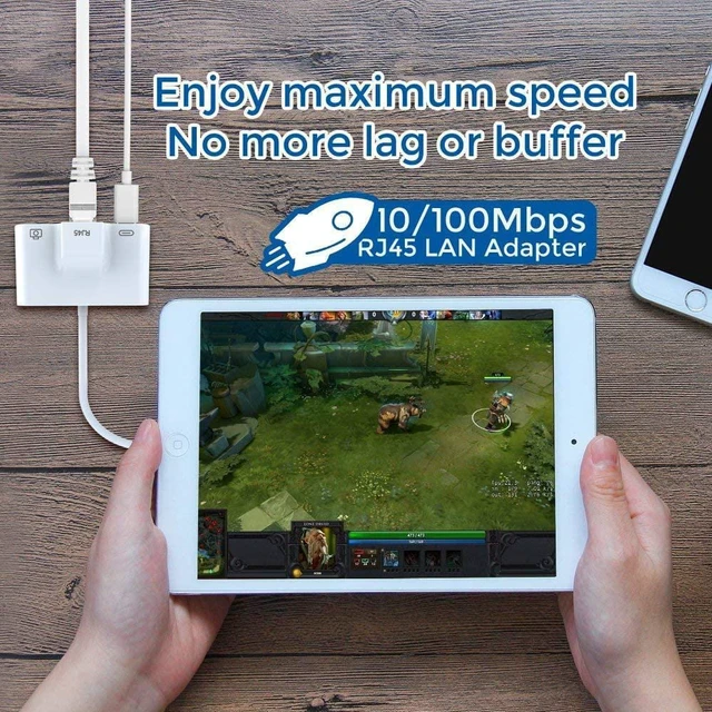 Alt view image 6 of 6 - SHARLLEN RJ45 Ethernet LAN Wired Network Adapter 3 in 1 Wired Lightning to Ethernet USB 3 Camera Reader OTG Adapter and Fast Charging Port Compatible for iPhone 12/11/X/XR/8/7 iPad iPod iOS Devices