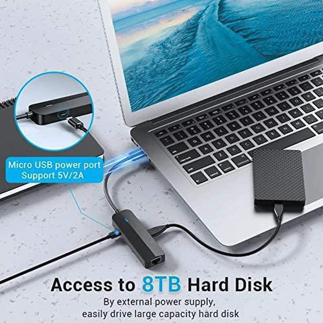 Alt view image 3 of 6 - WQQ USB 3.0 to RJ45 Gigabit Ethernet Adapter with 3 USB Expansion Ports and Power Supply Port for Network Hard Disk and PC/Mac