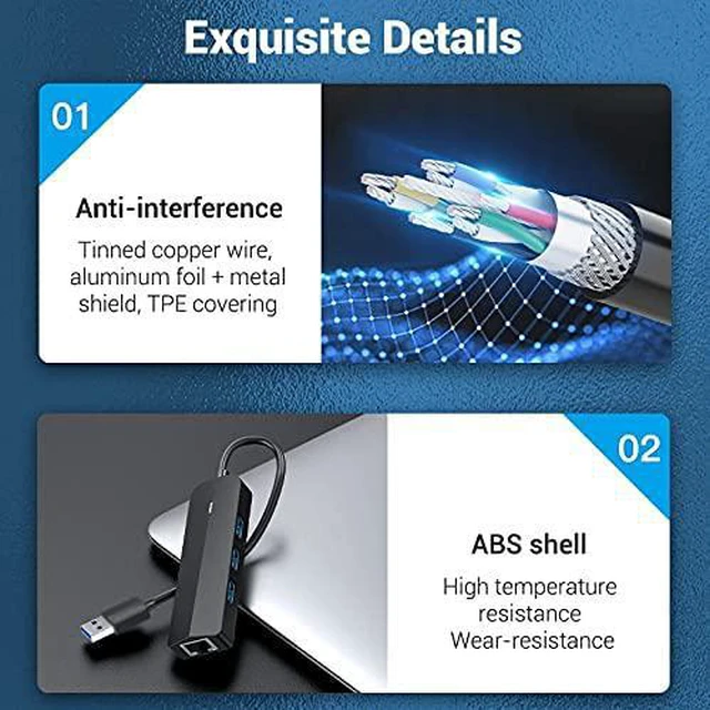 Alt view image 5 of 6 - WQQ USB 3.0 to RJ45 Gigabit Ethernet Adapter with 3 USB Expansion Ports and Power Supply Port for Network Hard Disk and PC/Mac