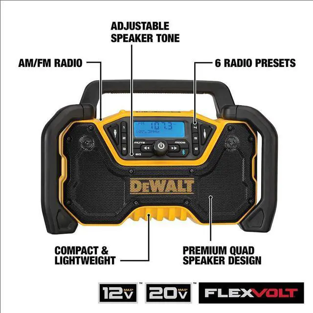 Alt view image 2 of 7 - DEWALT 12V/20V MAX Portable Bluetooth Radio, Cordless, 100 ft Range, 3.5 Subwoofers, Jobsite (DCR028B)