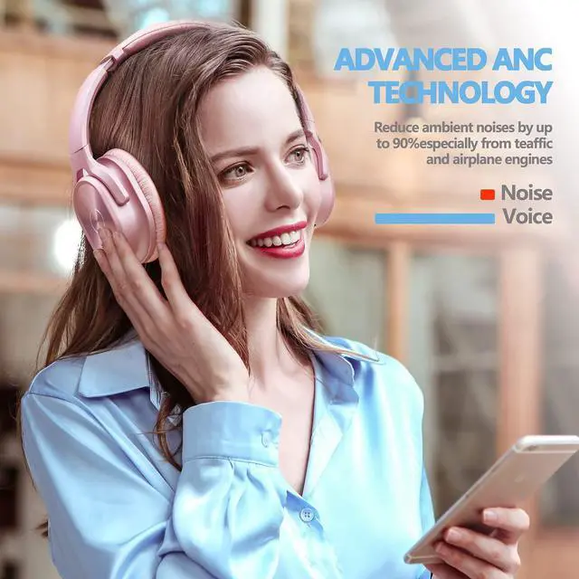 Alt view image 4 of 5 - ZIHNIC Active Noise Cancelling Headphones, 40H Playtime Wireless Bluetooth Headset with Deep Bass Hi-Fi Stereo Sound,Comfortable Earpads for Travel/Home/Office (Rose Gold)